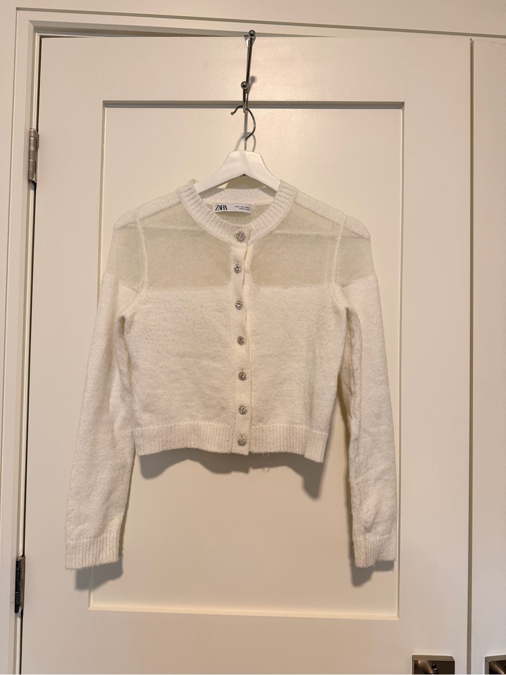 Zara Crystal Rhinestone Button  White Cardigan